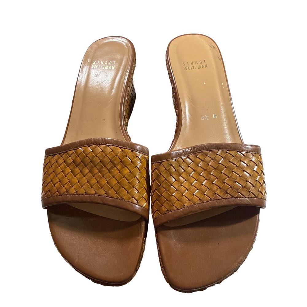 Stuart Weitzman Brown Woven Leather Platform Wedge Sandals Slides Womens 8.5 M